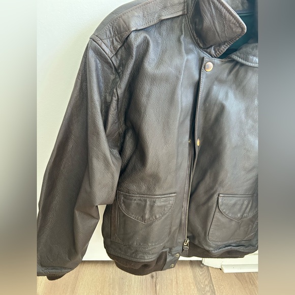 Vintage Nautica Brown Leather Bomber Jacket Large - Picture 2 of 7